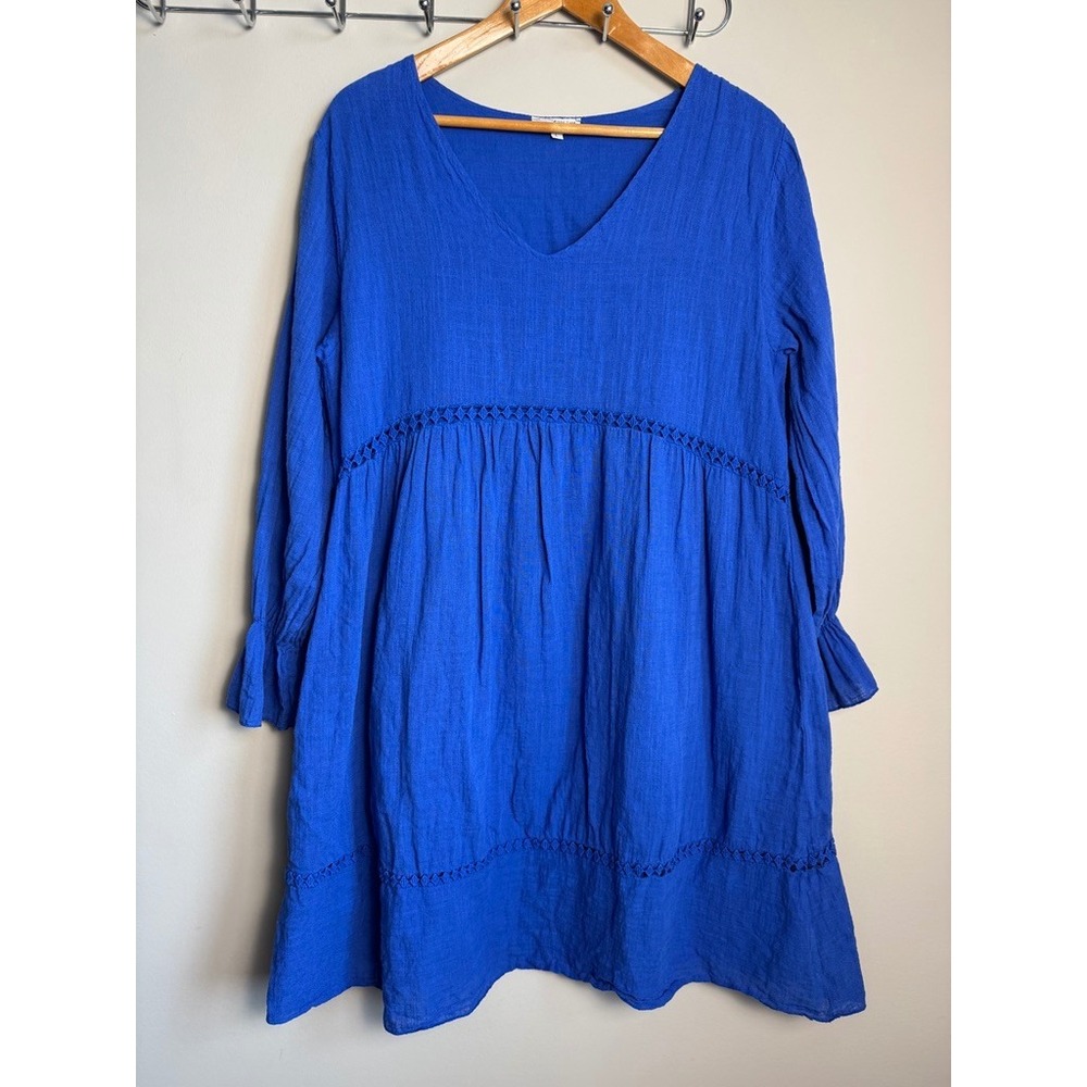 Vanessa Zani Italian Shift Dress V-Neck Long Sleeve Crochet Accent Cotton Large